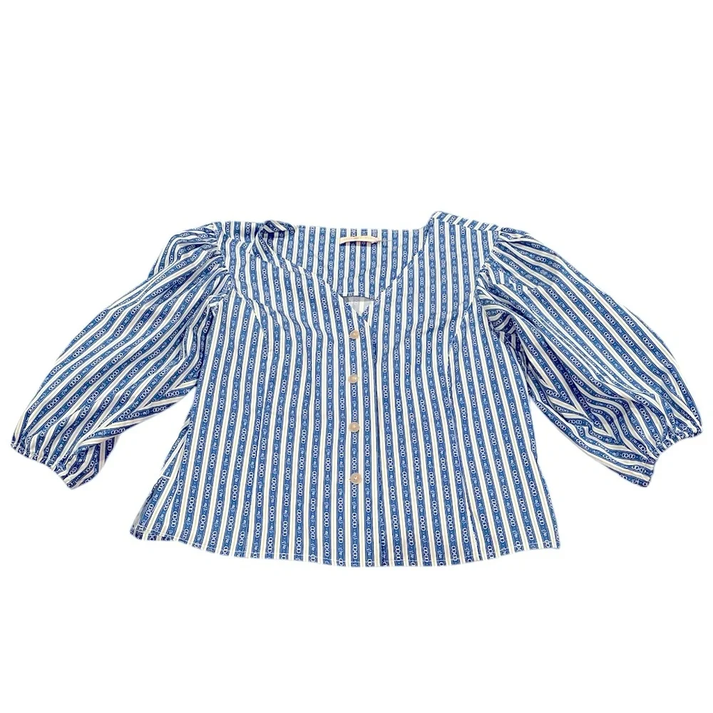Tory Burch Cropped Gemini Link Striped Blue White Short Puff-Sleeve top 6